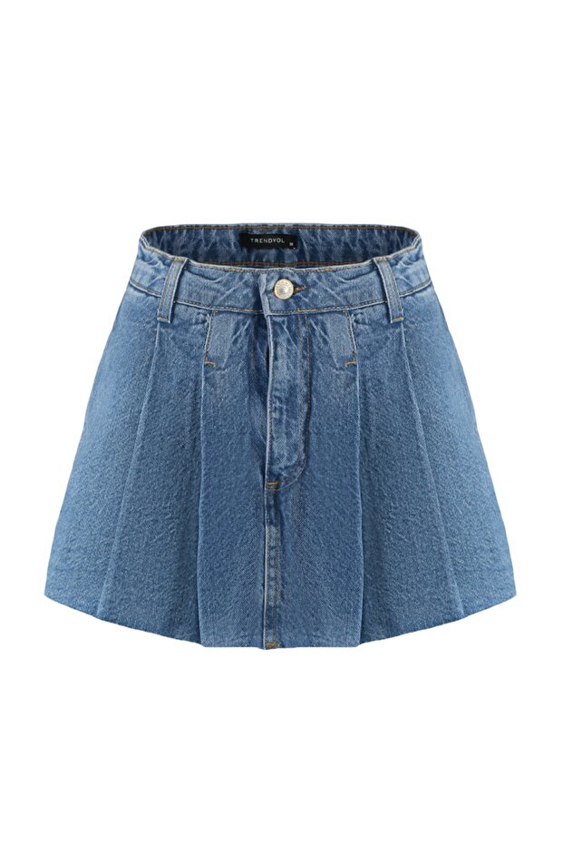 Mavi Pileli Normal Bel Mini Denim Şort Etek TWOSS22SR00163 - 7