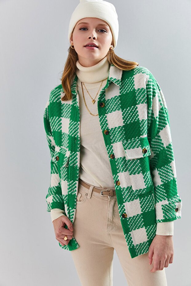 Women's Green Plaid Patterned Double Pocket Shirt 40301021