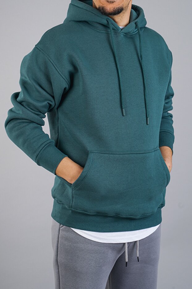Erkek Kapüşonlu Basic Sweatshirt Nefti - 4