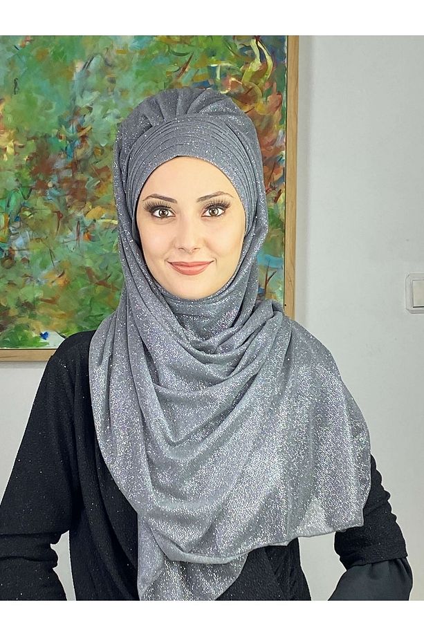 Topkapı Gri Simli Çapraz Drapeli Hazır Şal - 1