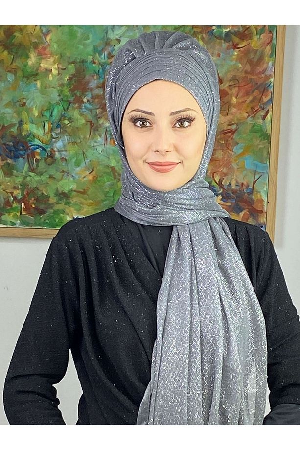 Topkapı Gri Simli Çapraz Drapeli Hazır Şal - 2