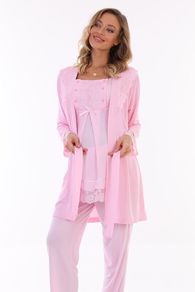Pink Breastfeeding Featured Maternity Pajamas Set with Dressing Gown 3044