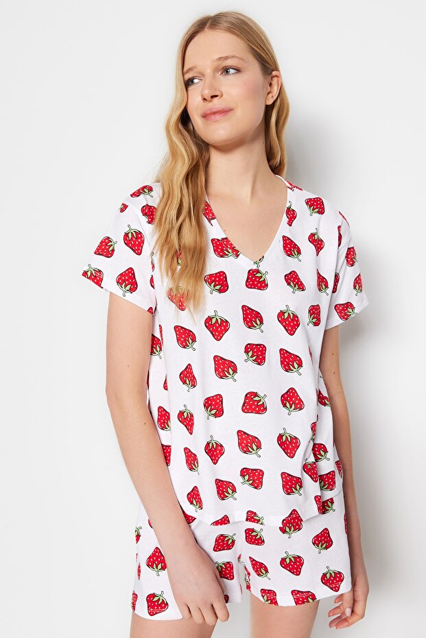 Beyaz %100 Pamuklu Çilek Desenli Şortlu Örme Pijama Takımı THMSS23PT00013 - 2