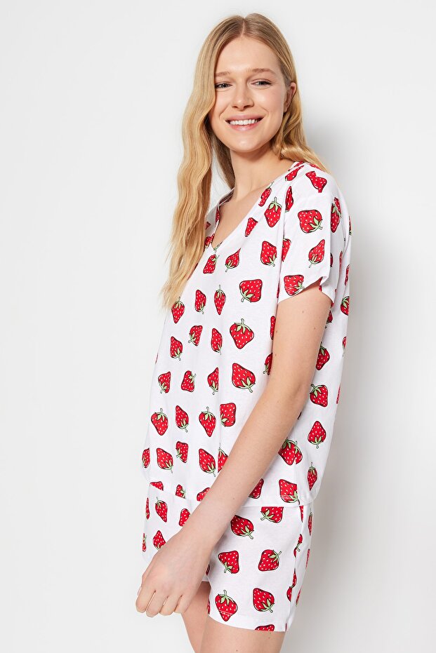 Beyaz %100 Pamuklu Çilek Desenli Şortlu Örme Pijama Takımı THMSS23PT00013 - 3
