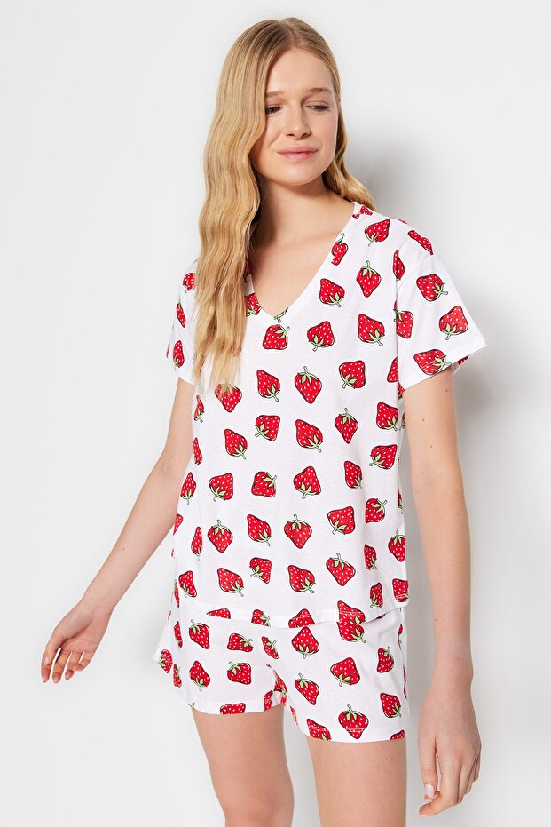Beyaz %100 Pamuklu Çilek Desenli Şortlu Örme Pijama Takımı THMSS23PT00013 - 5