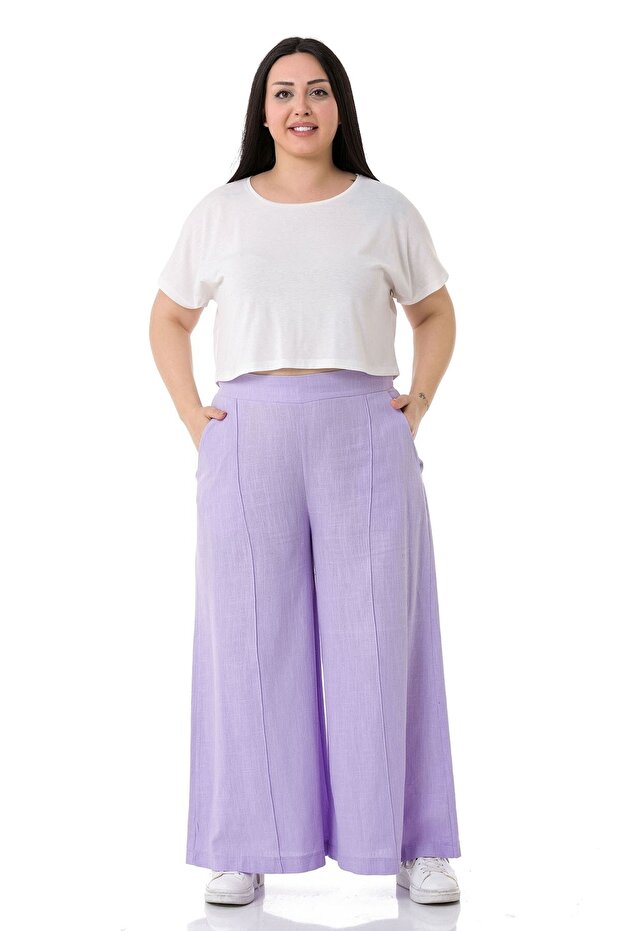 Large Size Ribbed Stitched Pocket Zippered Wide Leg Linen Lilac Trousers