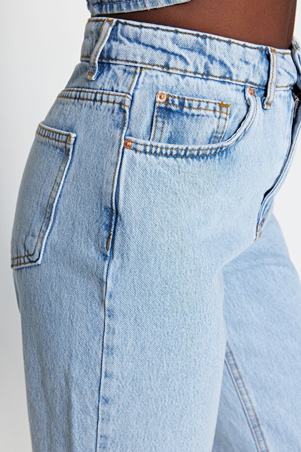 Açık Mavi Yüksek Bel Düz Kesim Straight %100 Pamuk Non-Stretch Jeans TWOSS23JE00089 - 11