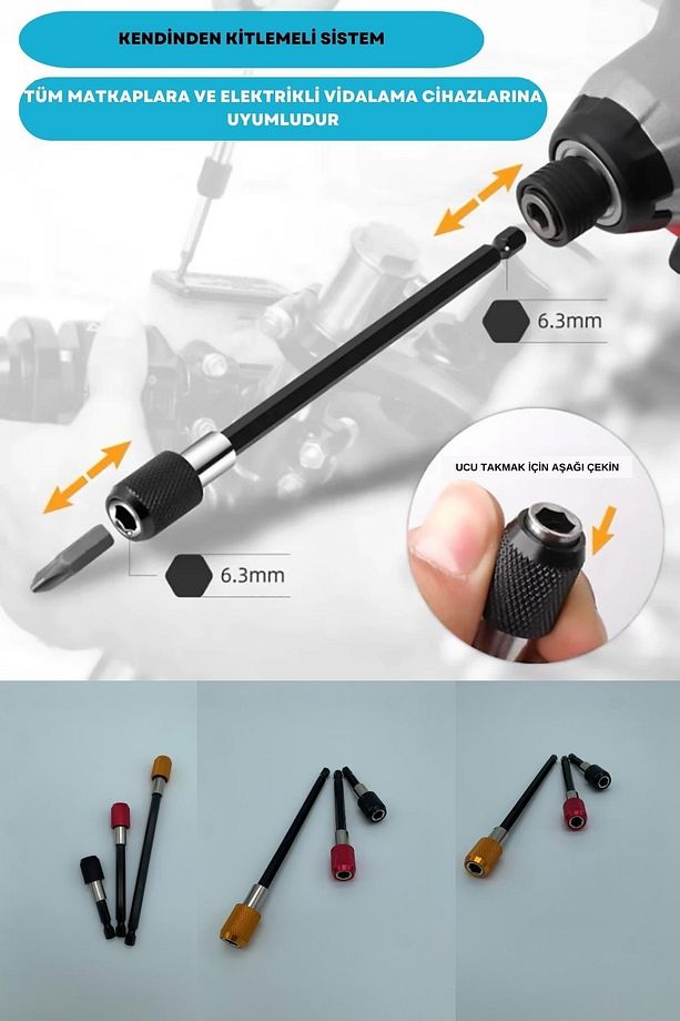 1/4 Bits Hex Altıgen Uçlu Uzatma Adaptörü Mıknatıslı Vidalama 3lü Set 6 10 15 Cm - 6
