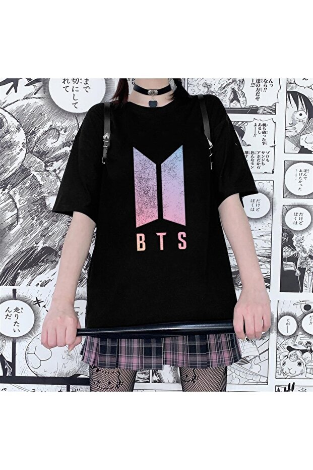 تي شيرت Votinity Bts Logo أسود للجنسين مقاس كبير