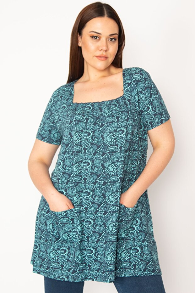Women's Large Size Green Collar Gipe Rubber and Pocket Detailed Tunic 65n32938
