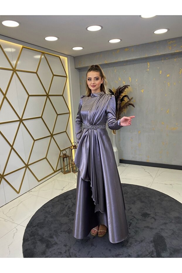Stone Belted Suna Hijab Evening Dress Gray