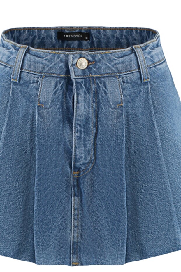 Mavi Pileli Normal Bel Mini Denim Şort Etek TWOSS22SR00163 - 8
