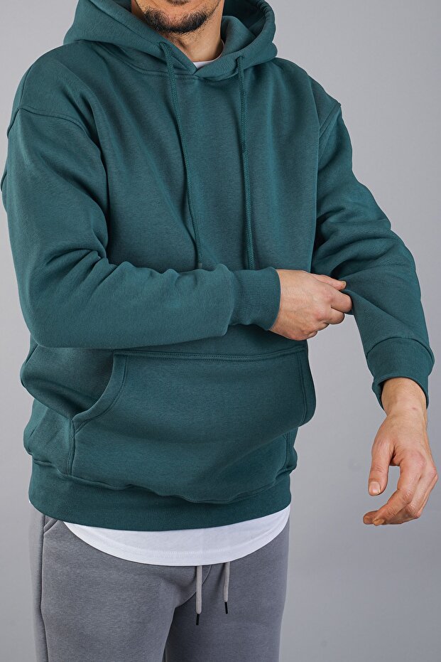 Erkek Kapüşonlu Basic Sweatshirt Nefti - 2