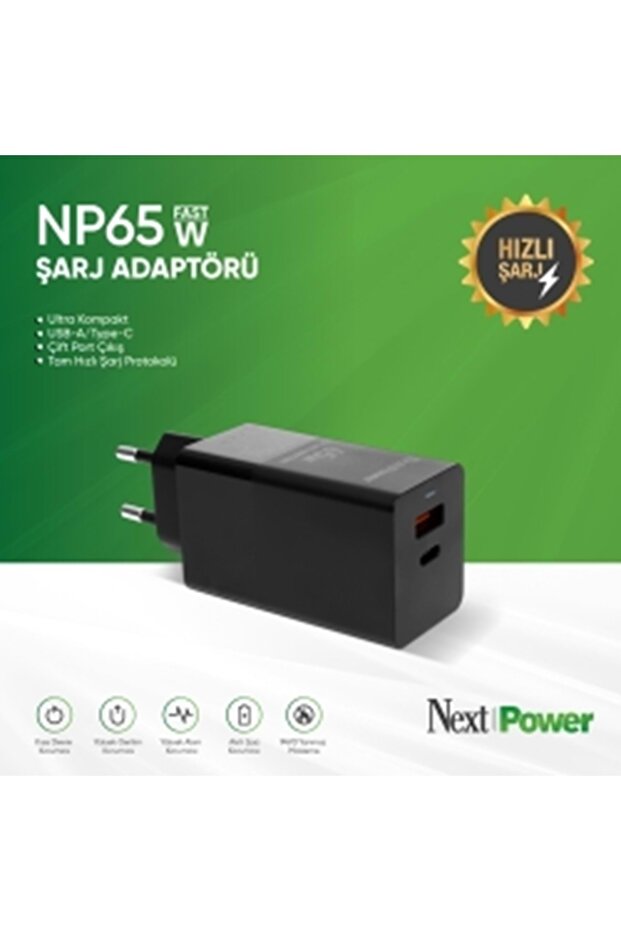 Power Np65 65 Watt Usb-a/type-c Çift Port Çıkış Hızlı Şarj Adaptörü - 1