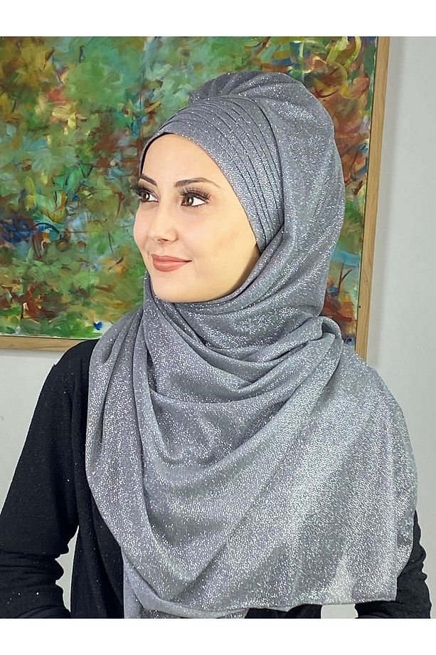 Topkapı Gri Simli Çapraz Drapeli Hazır Şal - 3
