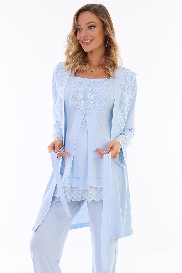 Blue Breastfeeding Featured Maternity Pajamas Set with Dressing Gown 3044