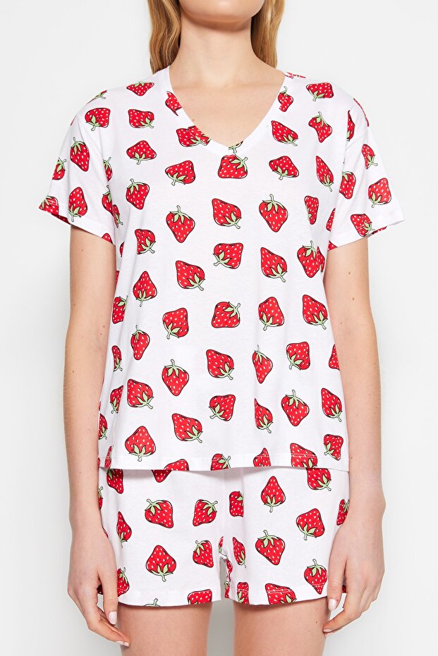 Beyaz %100 Pamuklu Çilek Desenli Şortlu Örme Pijama Takımı THMSS23PT00013 - 4