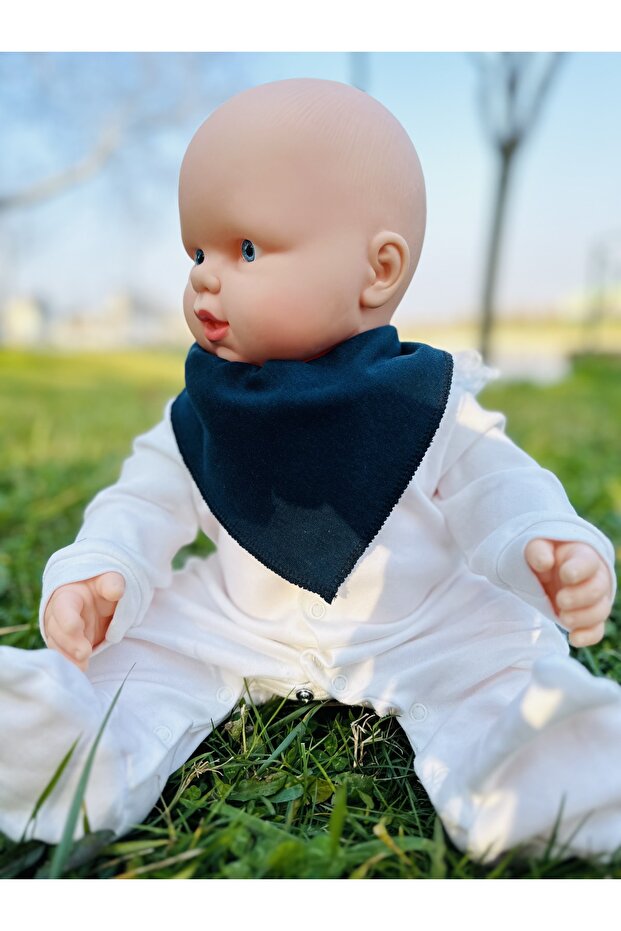 Navy Blue 100% Organic Cotton Double Layer Knitted Fabric Baby Drool Bib & Scarf with Snap Fasteners