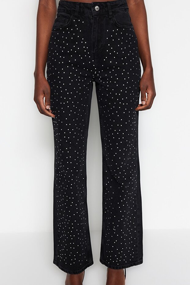 Siyah Taşlı Yüksek Bel Wide Leg Geniş Paça %100 Pamuk Non-Stretch Jeans TWOAW23JE00442 - 6