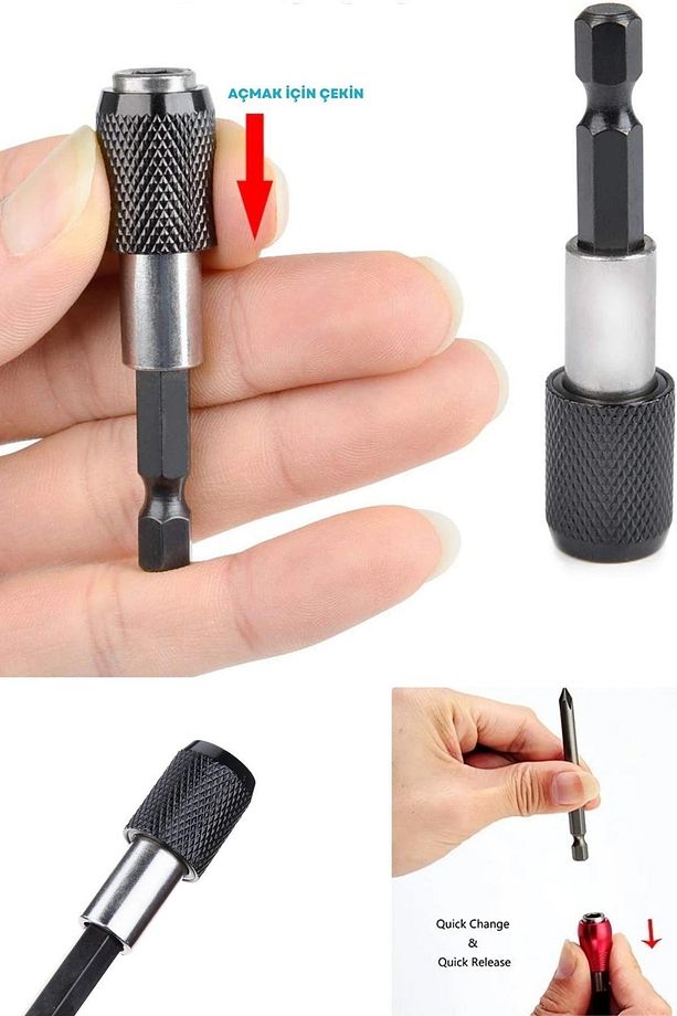 1/4 Bits Hex Altıgen Uçlu Uzatma Adaptörü Mıknatıslı Vidalama 3lü Set 6 10 15 Cm - 7