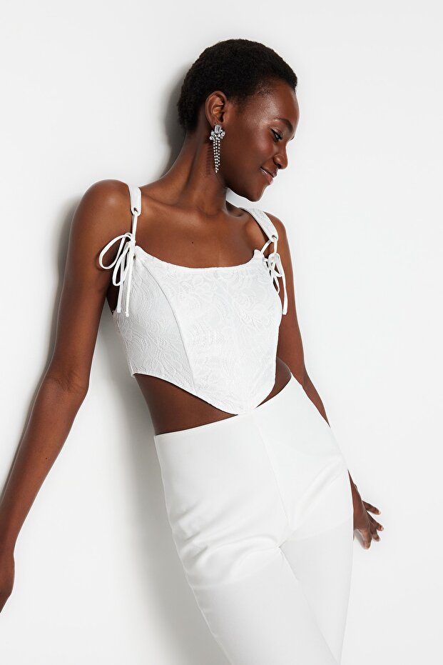 Ekru Crop Astarlı Biyeli Korse Detaylı Örme Dantel Büstiyer TPRSS23BS00032 - 4