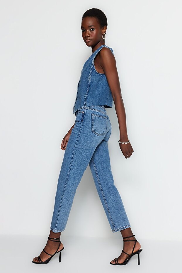 Mavi Yüksek Bel Düz Kesim Straight %100 Pamuk Non-Stretch Jeans TWOSS23JE00089 - 5