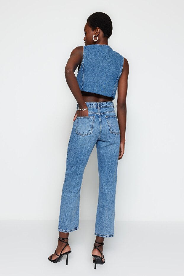 Mavi Yüksek Bel Düz Kesim Straight %100 Pamuk Non-Stretch Jeans TWOSS23JE00089 - 7
