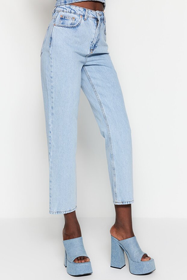 Açık Mavi Yüksek Bel Düz Kesim Straight %100 Pamuk Non-Stretch Jeans TWOSS23JE00089 - 10