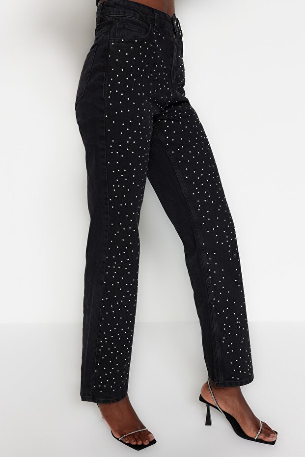 Siyah Taşlı Yüksek Bel Wide Leg Geniş Paça %100 Pamuk Non-Stretch Jeans TWOAW23JE00442 - 7