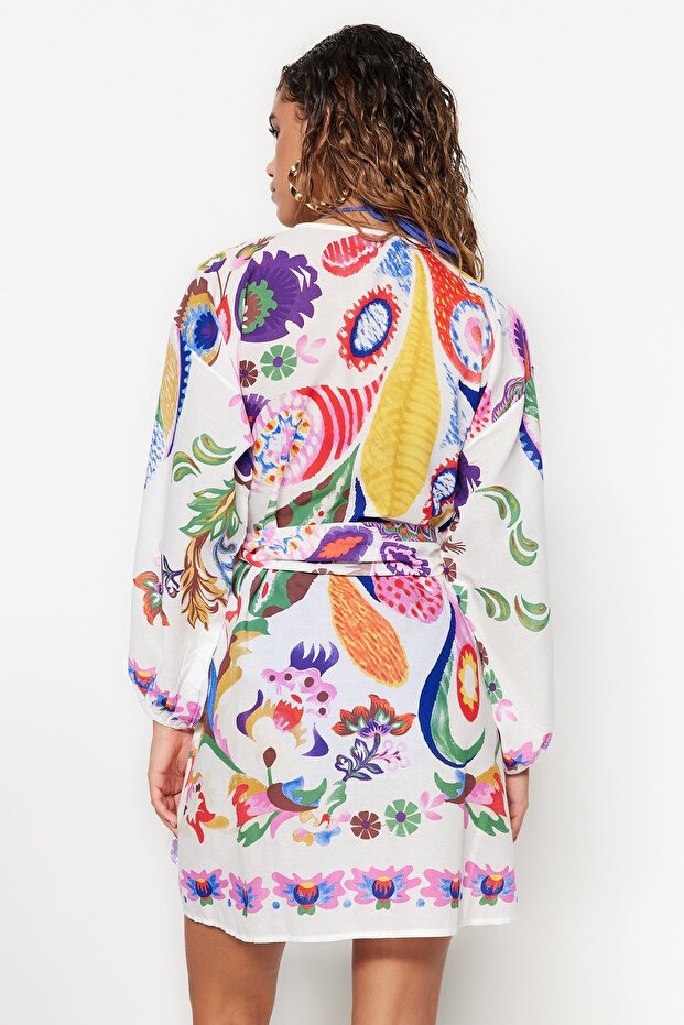 Çiçek Desenli Dokuma %100 Pamuk Plaj Mini Kuşaklı Kimono&Kaftan TBESS22KM0022 - 6