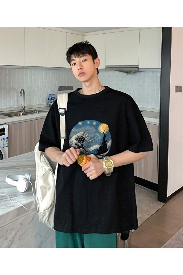 Dompuleri Moda Kanagawa Oki Nami Ura Black Unisex Oversize T-Shirt