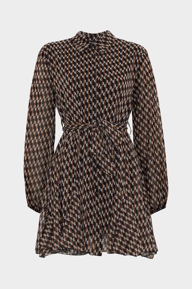 Polo Neck Geometric Pattern Button Detailed Chiffon Mini Dress