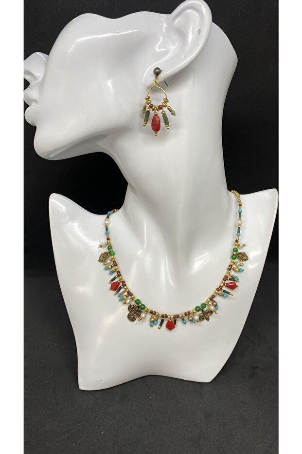 Handmade Ethnic Authentic Afghan Beads Natural Stone Necklace Earrings Set