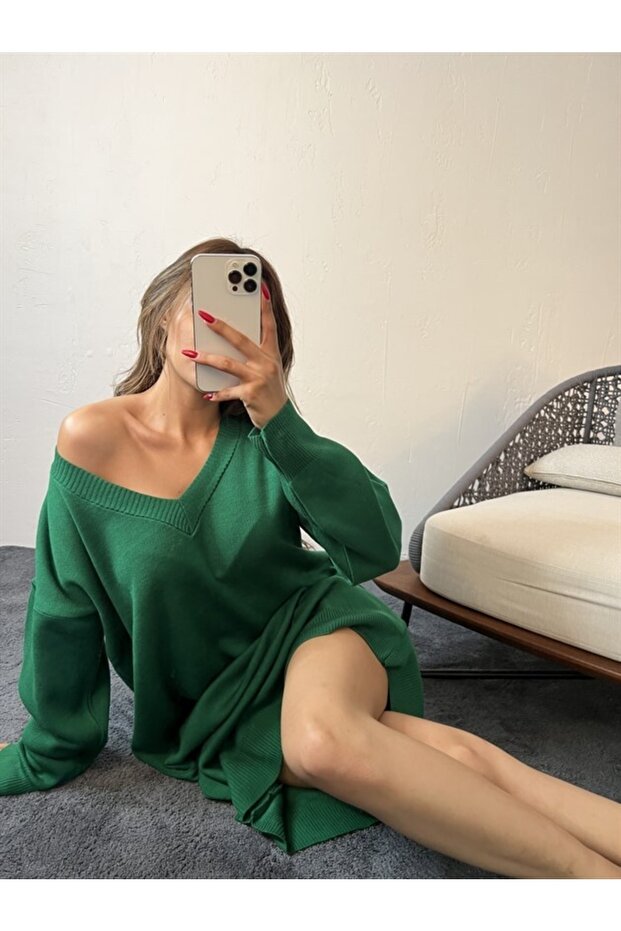 Triko V Yaka Elbise Yeşil - 2