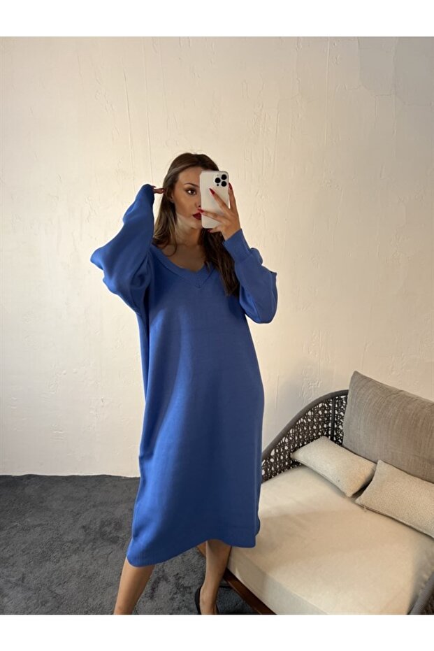 Triko V Yaka Elbise Mavi - 5