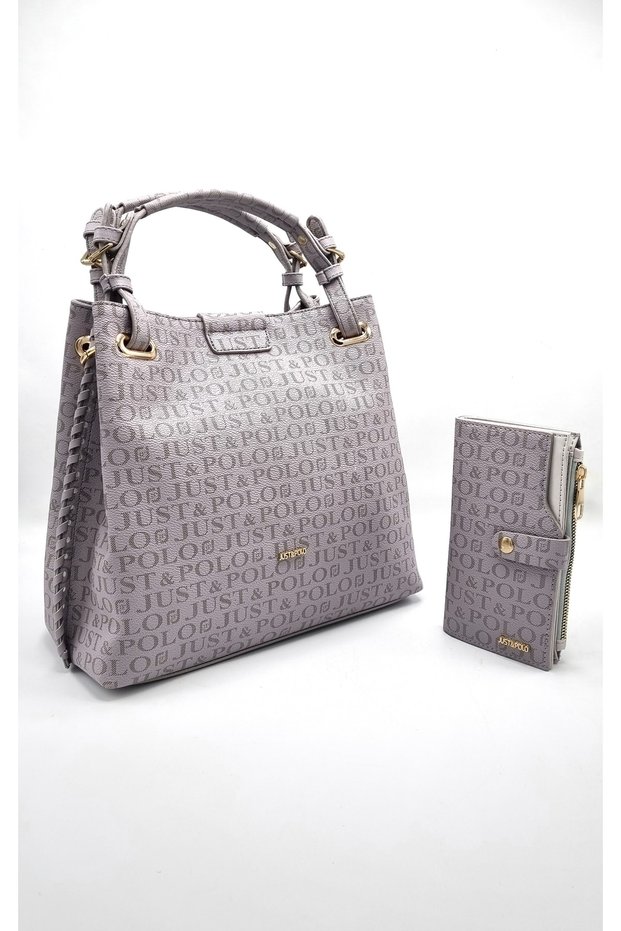 Women's Gray Braided 5-Compartment Shoulder Bag and Wallet Combination