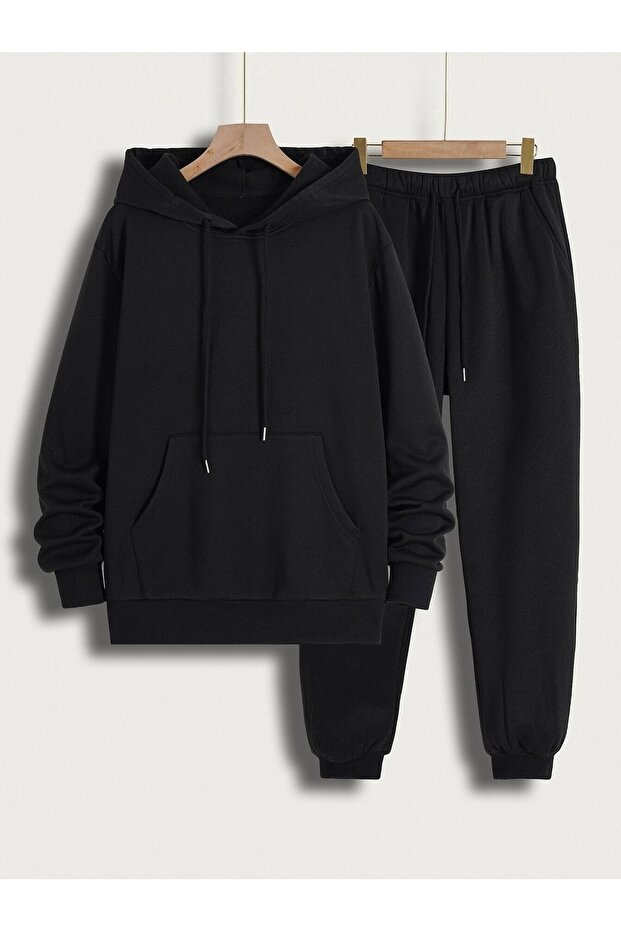 Black Unisex Hooded Tracksuit Set