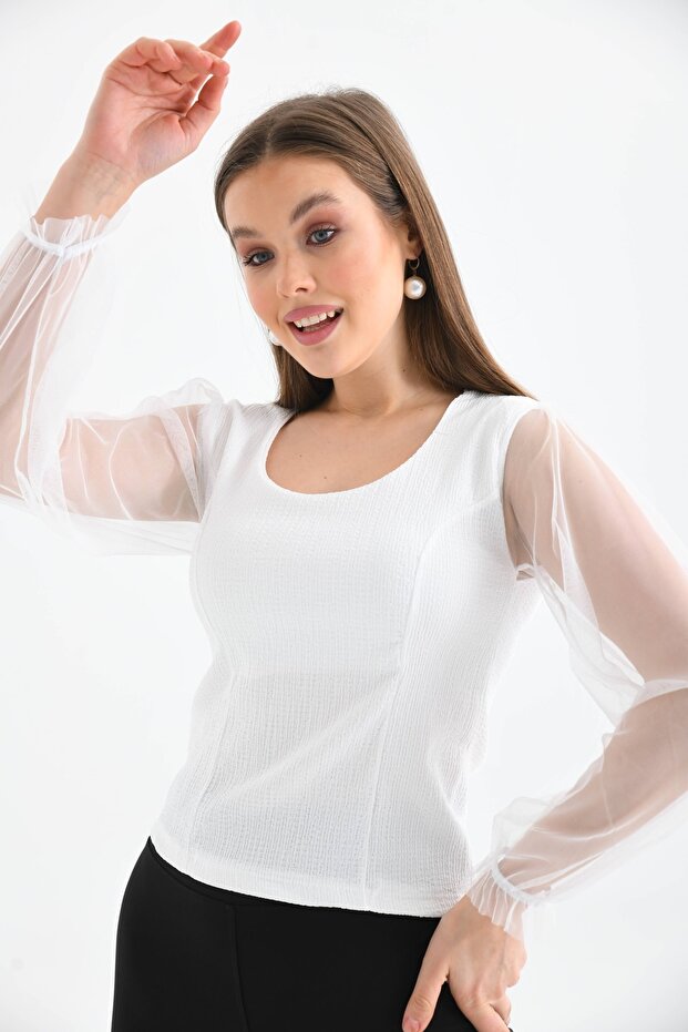 Women's Sleeve Tulle Detailed Blouse