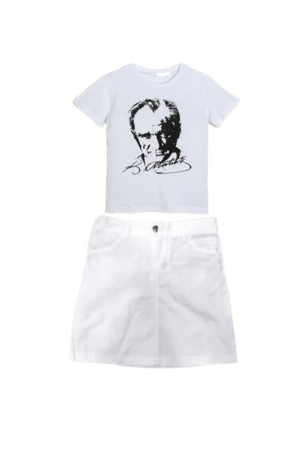 Girl's Short Sleeve Ataturk Printed T-shirt Linen Skirt Suit School Performance 23 April 29 October 10 November