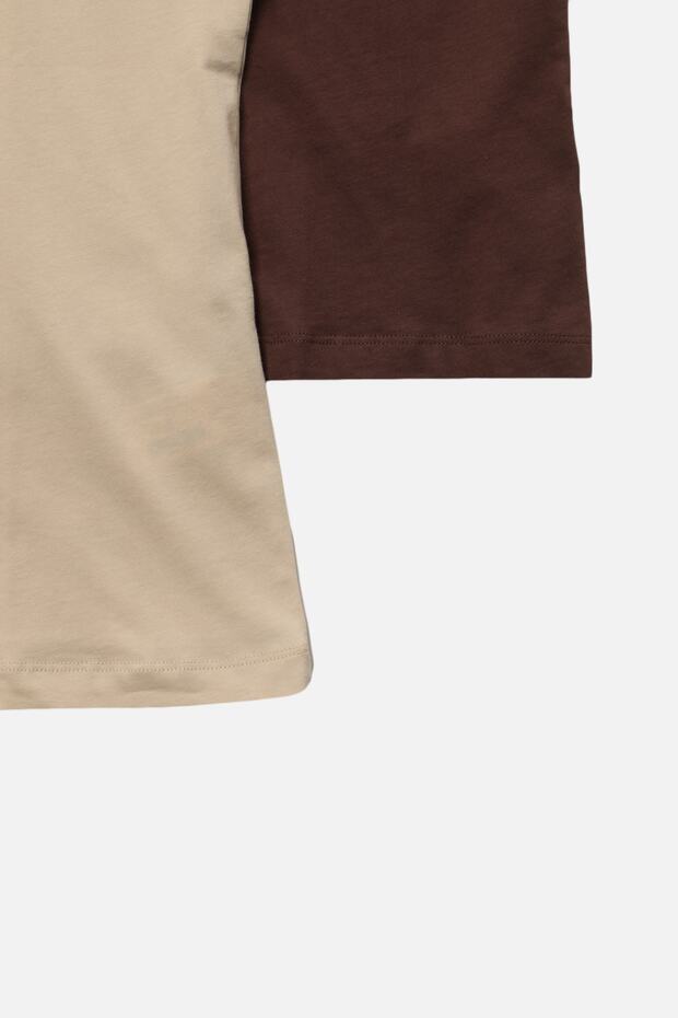 Kahverengi-Bej 2'li Paket %100 Pamuk Basic Dik Yaka Örme T-Shirt TWOSS20TS1500 - 16