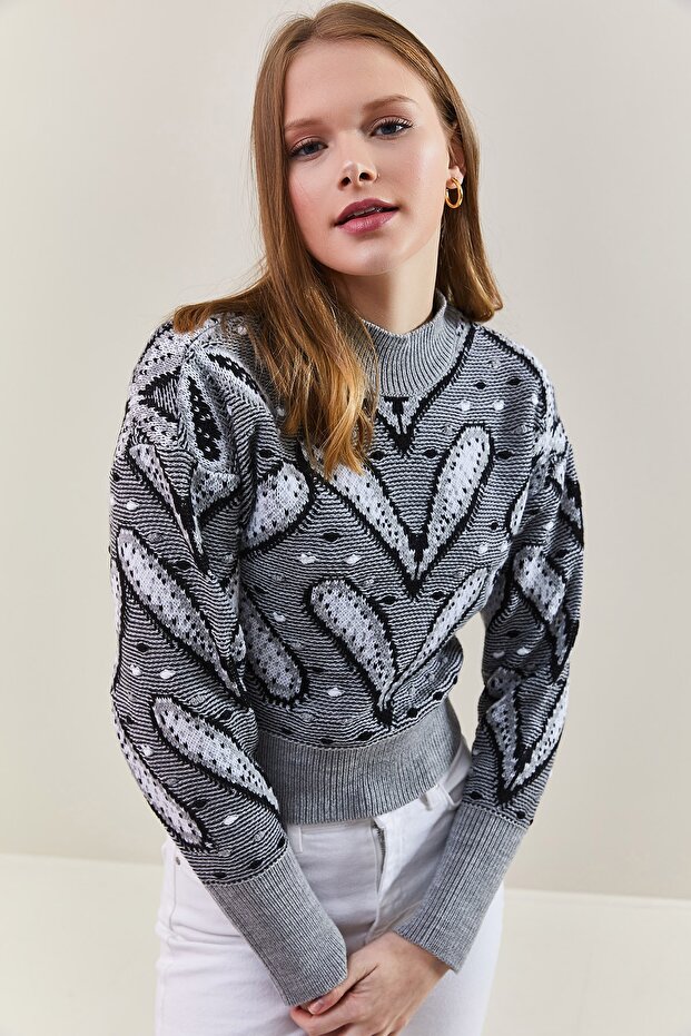 Women's Gray Turtleneck Patterned Sweater 20235009