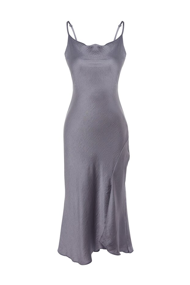 Gri Astarlı Dokuma Saten Abiye Gece Elbise TPRSS19BB0058 - 7