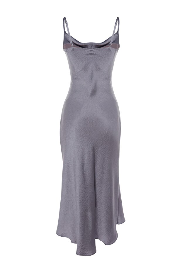 Gri Astarlı Dokuma Saten Abiye Gece Elbise TPRSS19BB0058 - 8