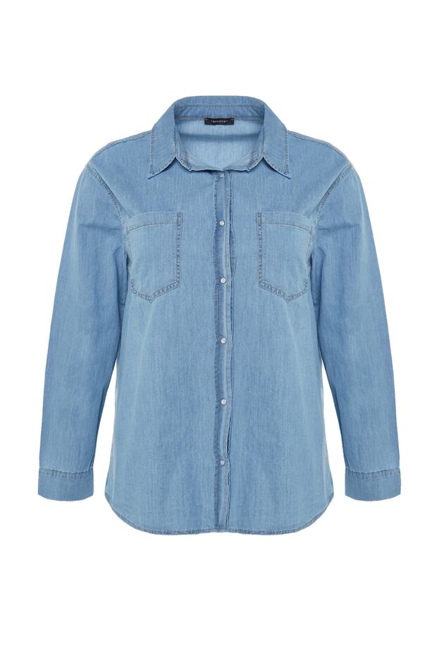 Açık Mavi %100 Non-Stretch Pamuk Büyük Beden Denim Gömlek TBBAW23AX00018 - 8
