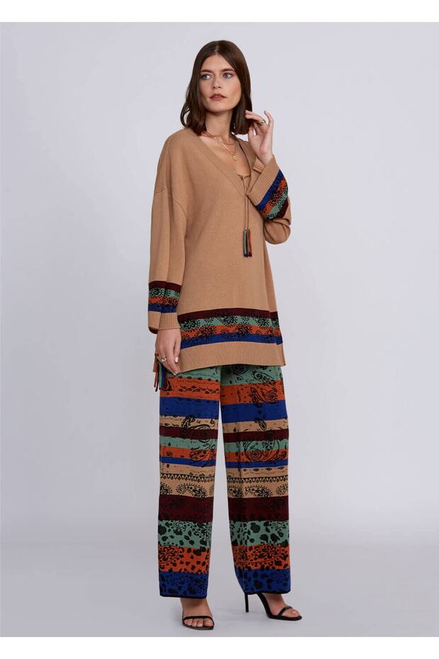 Kaşmir Yün Karışımlı V Yaka Camel Triko Tunik - 6