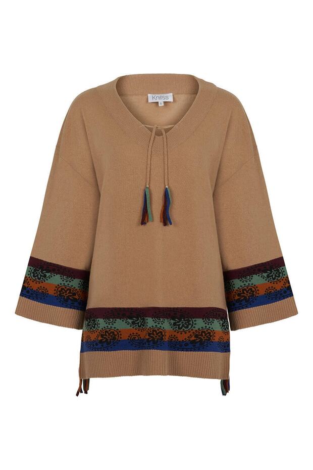 Kaşmir Yün Karışımlı V Yaka Camel Triko Tunik - 8