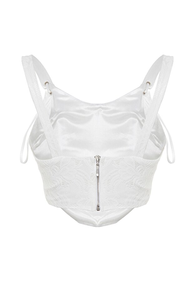 Ekru Crop Astarlı Biyeli Korse Detaylı Örme Dantel Büstiyer TPRSS23BS00032 - 8