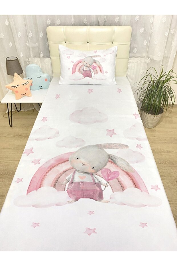 مفرش سرير وغطاء وسادة بنمط أرنب قوس قزح - 1