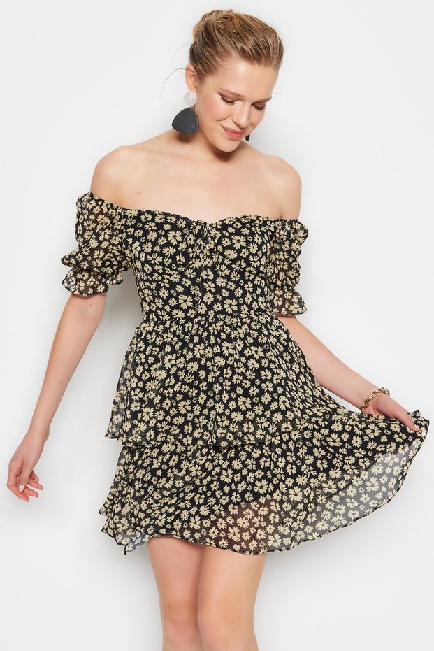 Black Floral Skirt Flounce Skater/Waist Opening Chiffon Mini Lined Woven Dress TWOSS22EL2772