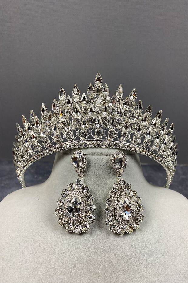طقم تاج هينا ثلاثي الأبعاد وحلق متدلي من الفضة موديل إيدا - زفاف وهينا وزفاف، تصميم أنيق